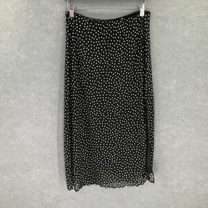 90s Y2K Style Dark Coquette Skirt Sz M Black Polka‎ Dot Mesh Slit Ruffle Hem